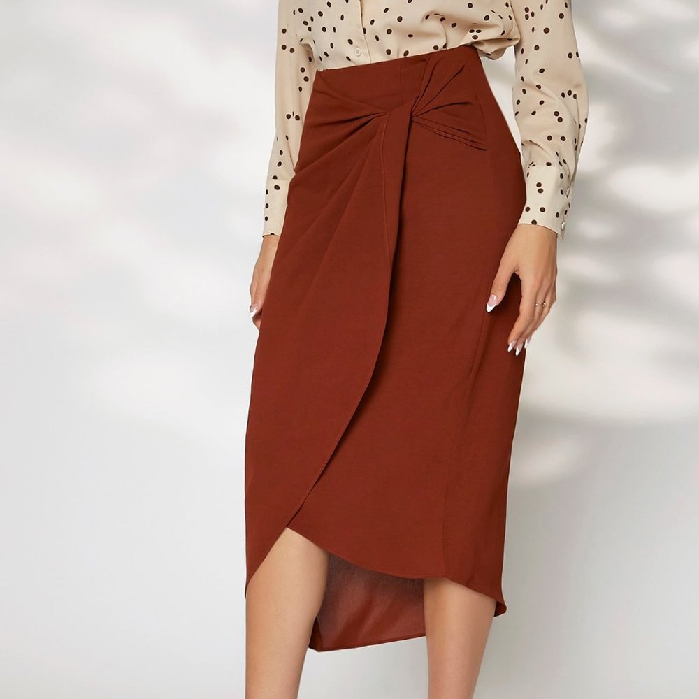 Brand newTwist Front Wrap Hem Skirt handmade Rust Brown